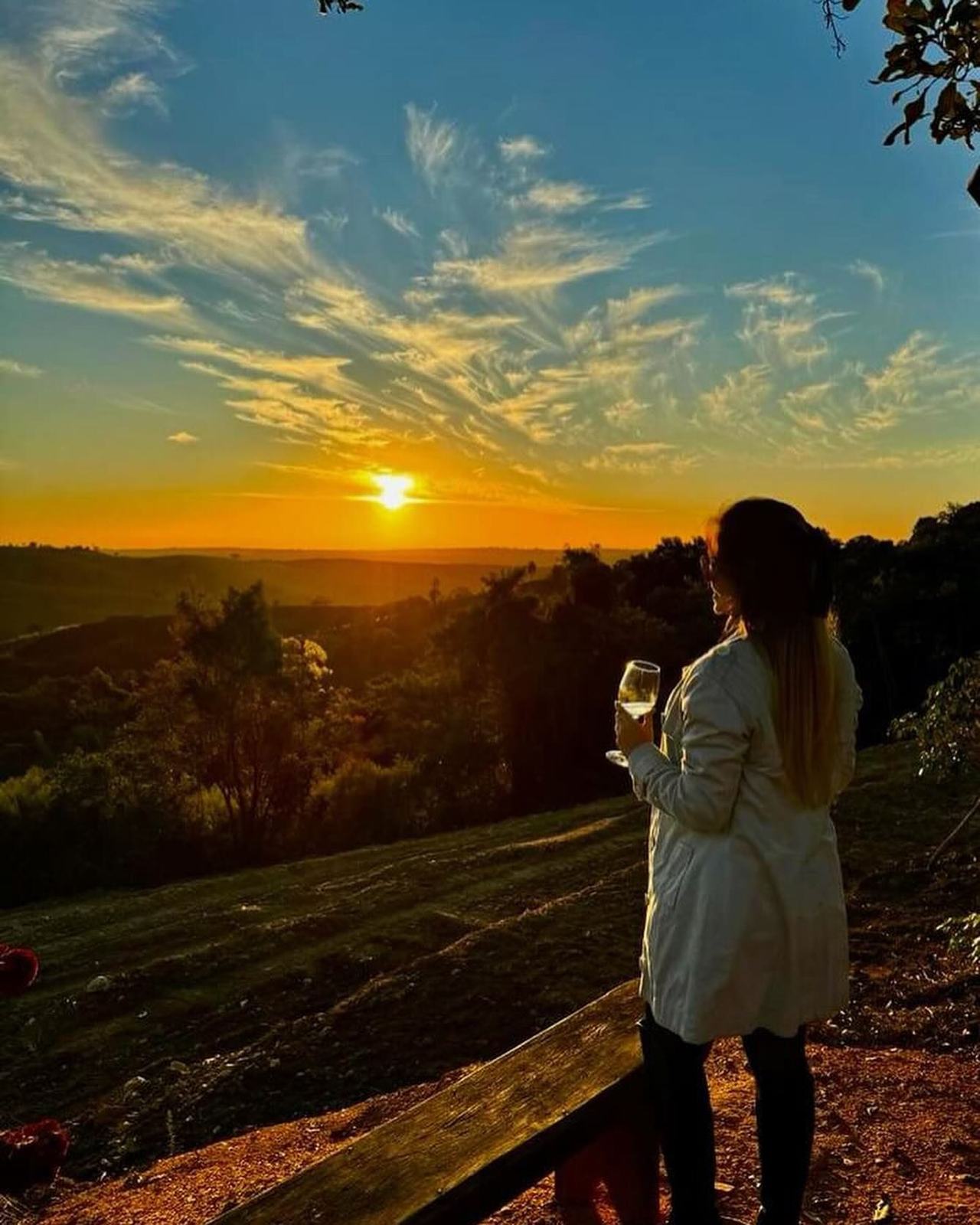Visitante com uma taça de vinho olhando o pôr do sol sobre o vale