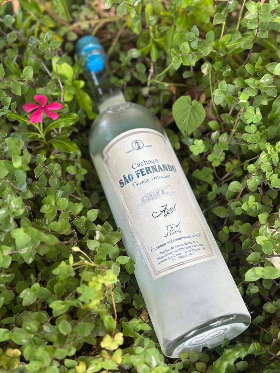 Garrafa de Cachaça Azul São Fernando deitada entre folhagens