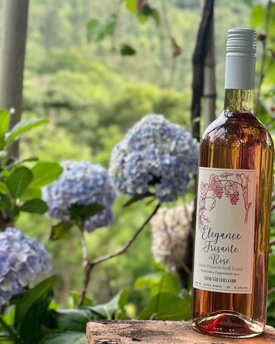 Garrafa de Elegance Frisante Rosé ao lado de hortênsias