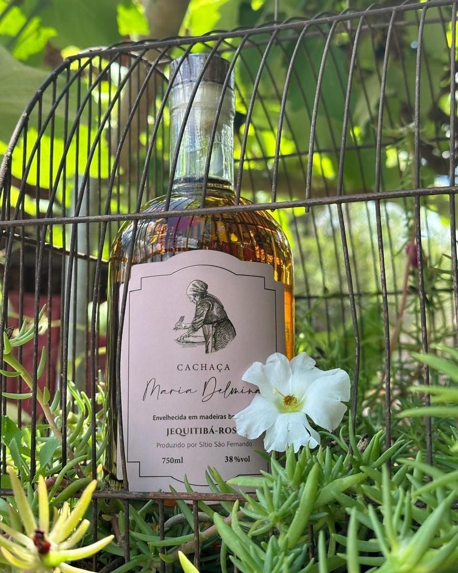 Garrafa da cachaça Maria Delmina Jequitibá-Rosa dentro de uma gaiola antiga