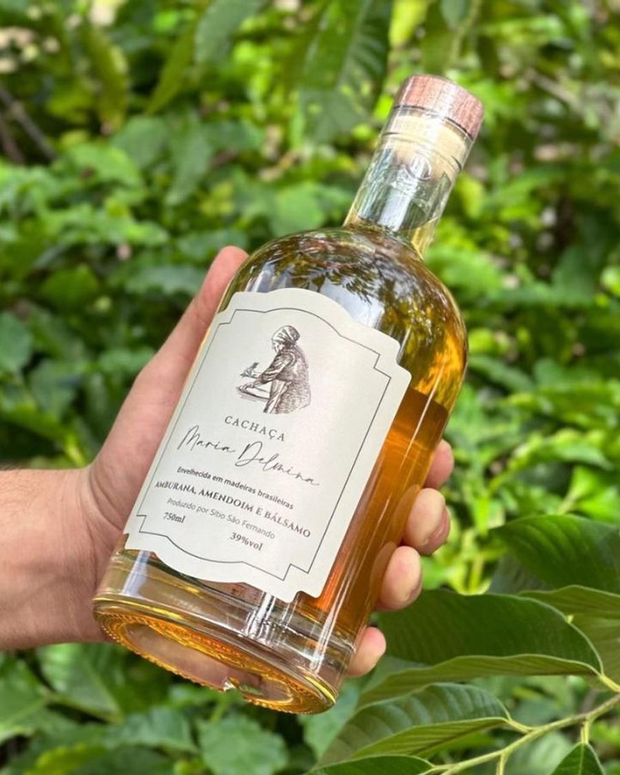 Mão segurando uma garrafa da cachaça Maria Delmina Três Madeiras