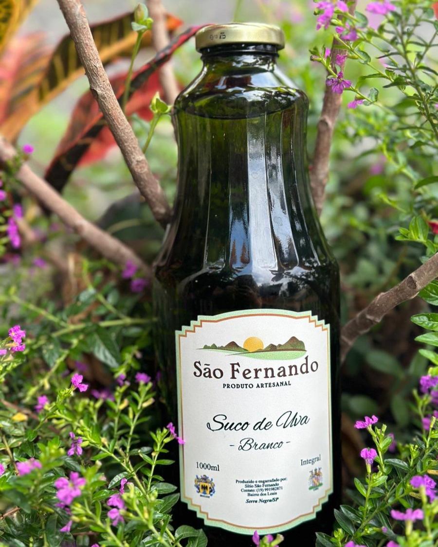 Garrafa de Suco de Uva Branco São Fernando entre folhagens