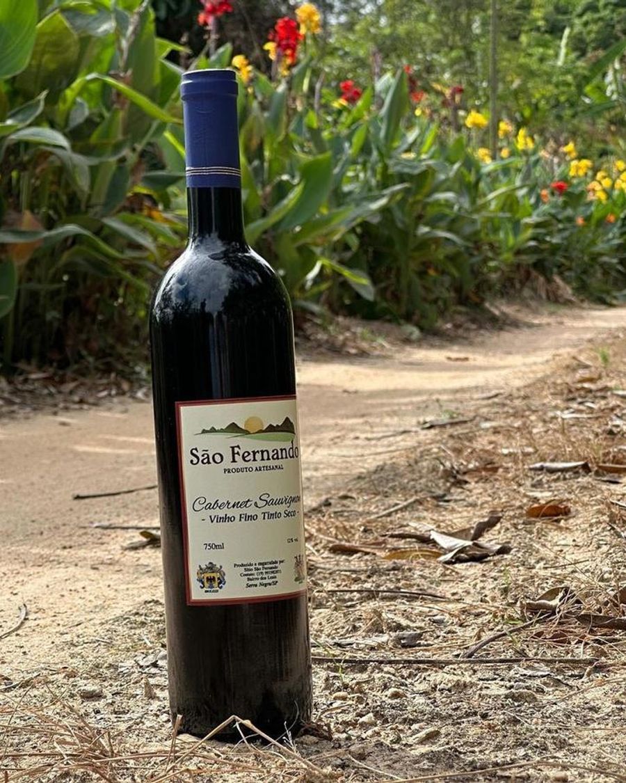 Garrafa de Cabernet Sauvignon São Fernando numa estrada de terra do sítio
