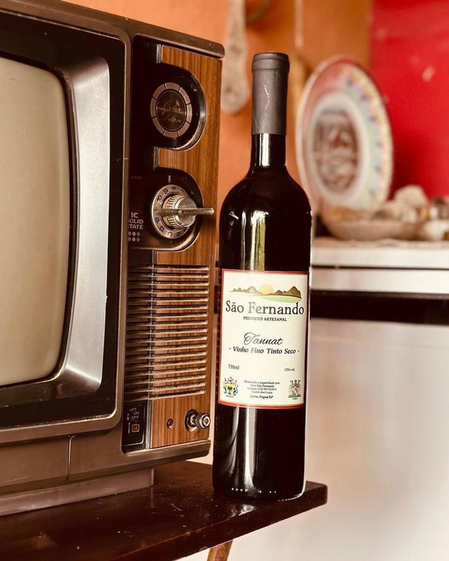 Garrafa de Tannat São Fernando ao lado de uma televisão antiga